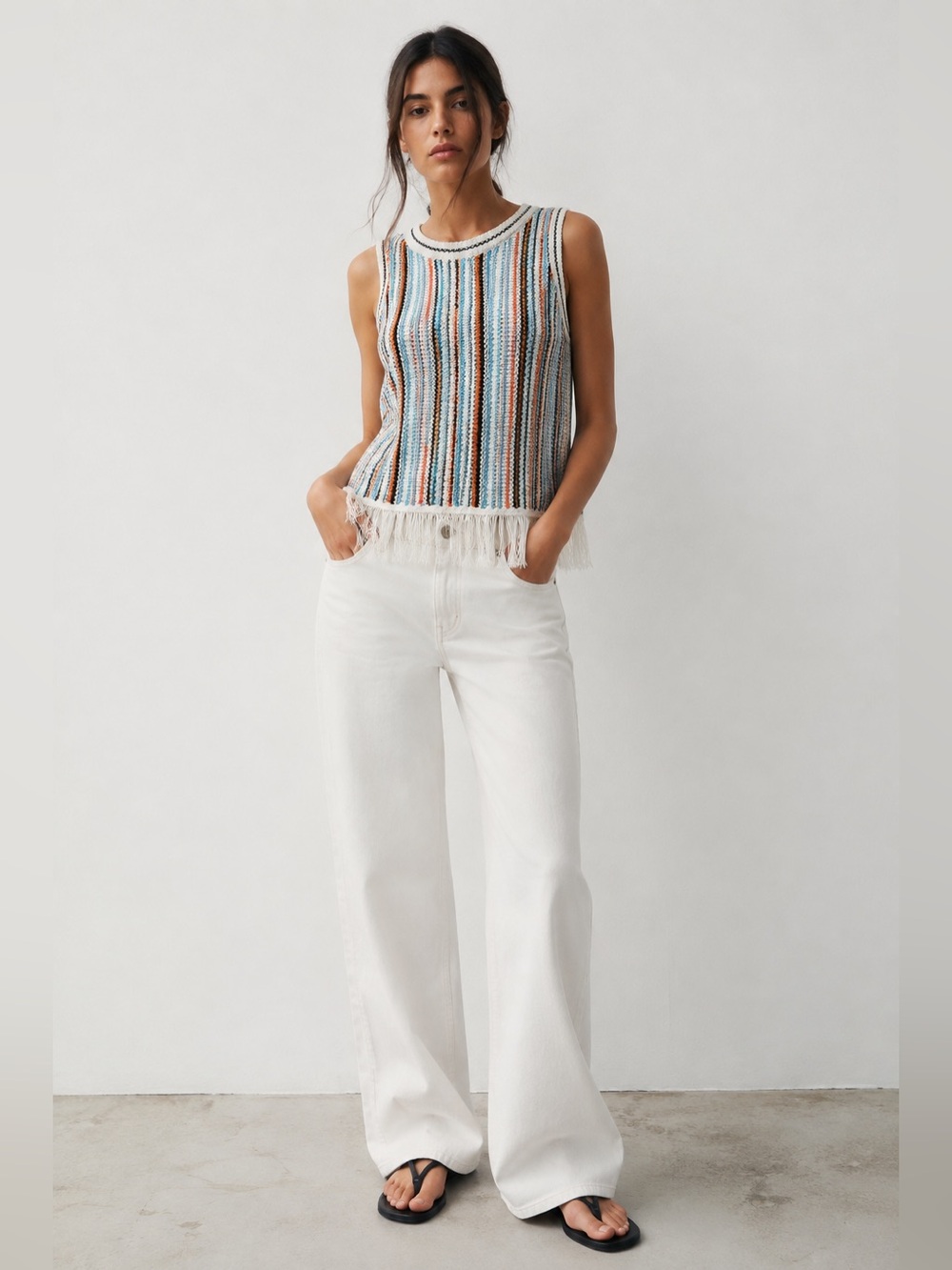 Lou & Grey LOFT Striped Knit Fringe Hem Sleeveless Top